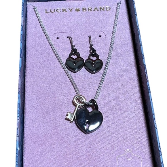 Earrings & Pendant Necklace Set, Hematite Hearts, Keyhole & Key, Lucky Brand NIB - Picture 1 of 8